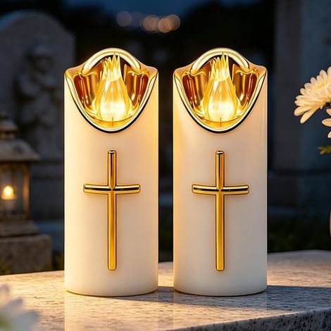 Lot de 2 Bougies LED Cimetières et églises, bougies funéraires LED pour l'extérieur, pour cimetière, sanctuaire de deuil, lueur pour églises, tables de salon, Réutilisables, Blanc (1/5)