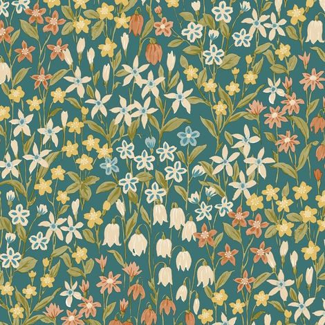 Grandeco Ciara Floral Teal Wallpaper Flowers Naturistic Paste The Wall Vinyl (1/4)