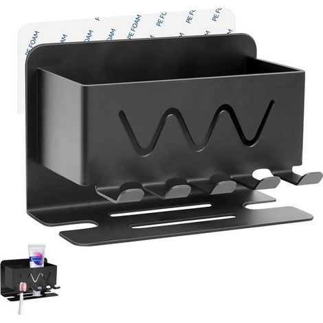 Soporte de pared para cepillos de dientes，Soporte para cabezales de cepillo，Organización del baño，Montaje sin taladros，12 x 9 x 9 cm，Negro (1/5)
