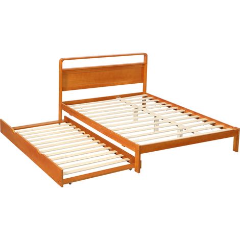 Cama de madera natural 140x200 cm con cama nido 90x190 cm, cabecero redondeado, 2 en 1 (1/5)