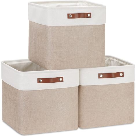 Lot de 3 Boîtes de Rangement en Tissu 28x28x28cm avec Poignée en Cuir Synthétique - Kaki et Blanc - Pour Étagère Cube, Bibliothèque, Penderie