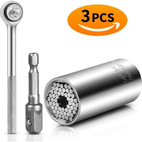 Jeu de douilles 7-19 mm + poteau + clé douille universelle argentée adaptée à une variété d'écrous adaptés à la salle à outils (1/5)