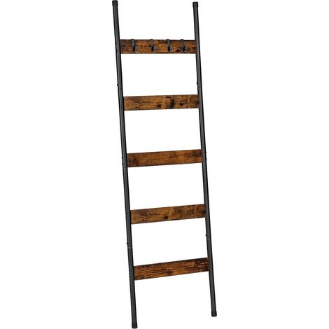 Towel Rack on Stand, 5 Tier Ladder with 4 Hooks, Blanket Holder, Duvet Holder, Wall Shelf with Storage Shelf, for Blankets, Rustic Brown and Black (1/5)