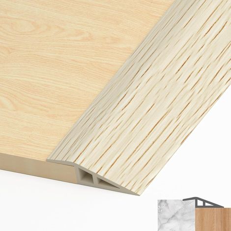Barre de Seuil Adhesive, Bande de Transition de Sol Autocollante en PVC Seuil de Porte Adhesif Barre de Seuil Rattrapage de Niveau pour Hauteur (Grain de bois blanc, 7mm à 10mm, 1M) (1/5)