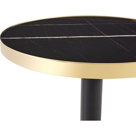 Table d'appoint ronde avec plateau effet marbre et bord doré, structure métallique noire et or, diamètre 60 cm x hauteur 73,7 cm (1/5)
