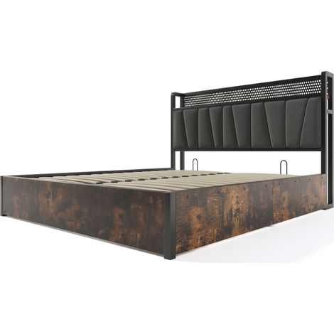 Cama doble de metal tapizada con LED, puertos USB y enchufes, gris, 160 x 200 cm (1/5)