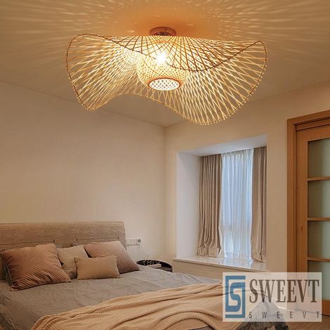Plafonnier, Rétro Lustres Lumière Naturelle De Bambou Et Plafonnier Rotin E27 Éclairage Plafond Tissées Main Pour Chambre Salon Bar Café Pendentif Cuisine Couloir , Lumière Chaude, 45cm