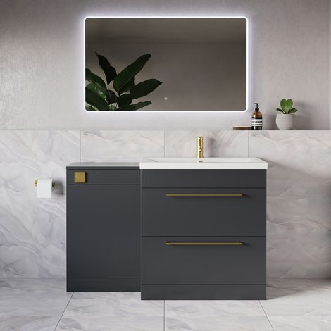 Napoli 390 Gloss Grey 1300mm 2 Drawer Vanity Unit Toilet Suite with Glide Basin - 1300mm - Brushed Brass 480mm HandleWithout Kingston Toilet Pan