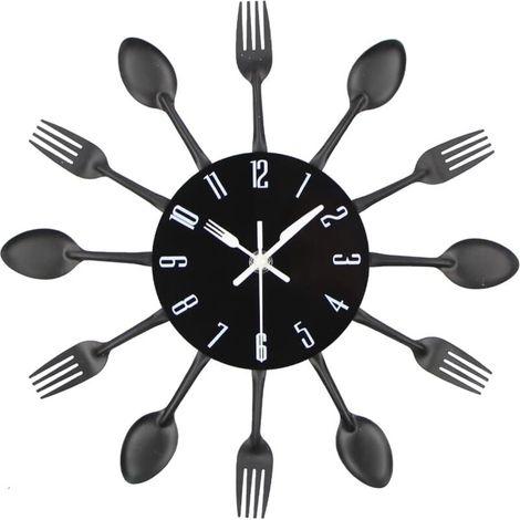 Verspiegelte Küchenuhr mit Löffel, Gabel, abnehmbarer 3D-Aufkleber für Heimdekoration, 30 x 30 x 4 cm, Schwarz (1/5)