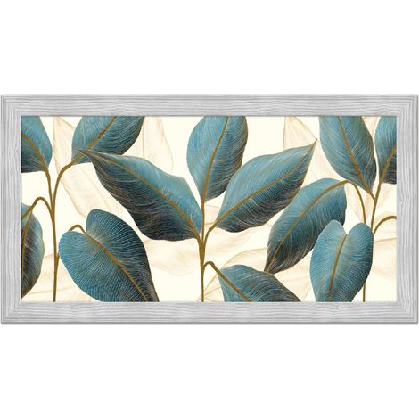 Lupia - Quadro moderno, per soggiorno camera da letto, con cornice BOSTON colore GREY, 60x110 cm, BLUE FLOWERS stampa su pannello in legno, stile floreale blu e oro (1/4)