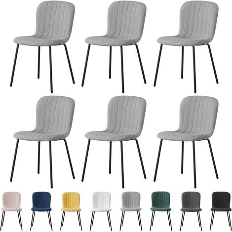 mcc direct Set of 6 Soft Fabric Dining Chairs with Upholstered Seat and Metal Legs for Dining Room, Living Room and Kitchen Room - New Bella LIGHT GREY (1/5)