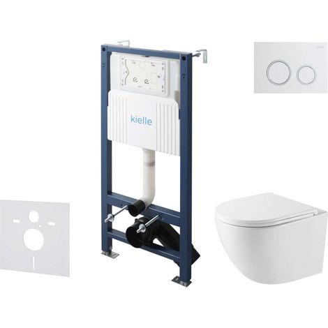 kielle Genesis New - Conjunto de instalación empotrada, inodoro compacto Oudee, Vortex Rimless+, asiento softclose y pulsador Gemini New II, blanco brillante/cromo 30528SS40
