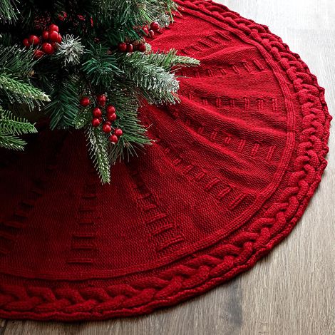 Gonna per albero di Natale da 91 cm - Gonna per albero Fingerhouse + Rosso vino tinto - Stile a trecce intrecciate / Gonna vintage / Decorazione rustica stile fattoria - 91 cm (1/5)