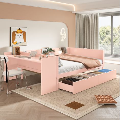 Lit avec tiroirs 140x200 cm, double en pin rose HAVRYA (1/5)
