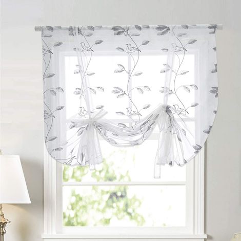 Voilage Romain 120x100 cm, Rideau Ballon Brodé à Nouer, Tissu Jacquard pour Cuisine, Pochette Réglable, Store Léger pour Petite Fenêtre Salle de Bain, Panneau Unique Oiseaux Heureux (1/5)