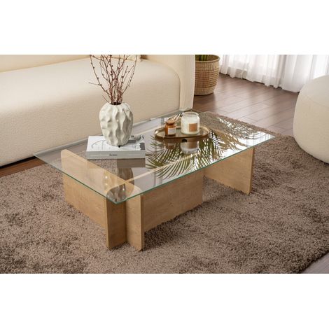 Mesa de centro rectangular nido de cristal fijo en madera de roble de 105 x 65 x 30 cm para salón u oficina (1/5)