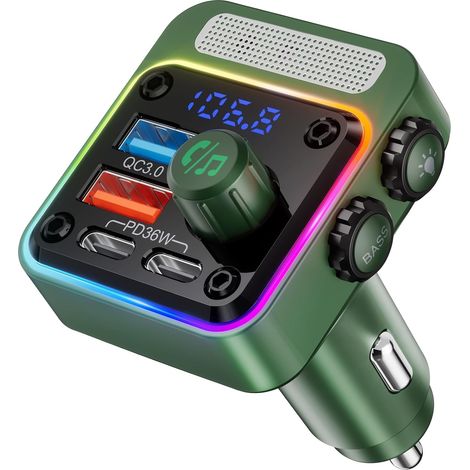Adaptateur allume-cigare Bluetooth 5.3 54 W avec 4 ports de charge [PD 36 W et QC3.0 18 W], émetteur radio FM sans fil avec basses profondes et rétroéclairage LED 5 couleurs, appels mains libres - Ver (1/5)