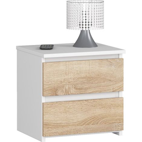 Akord – Table de chevet blanche 40 cm – 2 tiroirs façade chêne sonoma – Panneau stratifié – Dimensions 40x35x40 cm (1/5)