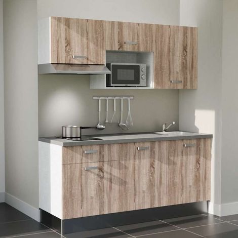 Kochnischen K30L-PT - 180 cm - Laminatplan, spüle Edelstahl, - Holzfront - betongraue Laminatplatte - Kredenzen nein + Haushaltsgeräte Edelstahl