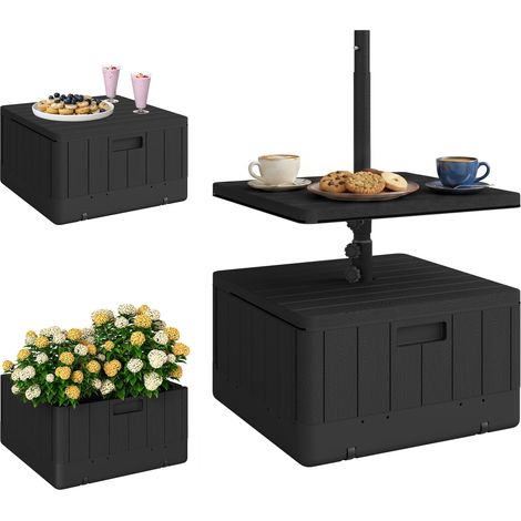 Pied de parasol carré noir 53x53x45 cm avec plateau table, support HDPE à roues, remplissage eau/sable (1/5)