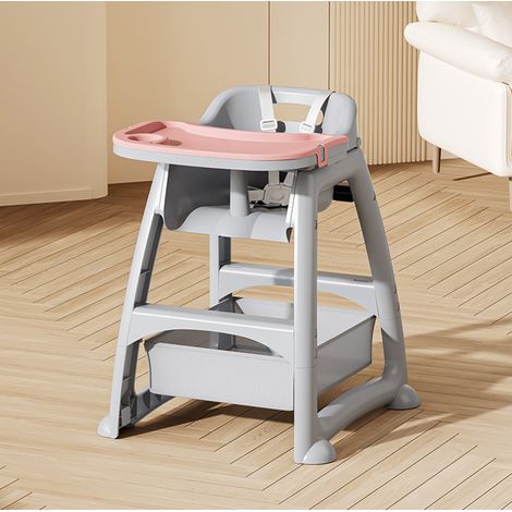 Chaise haute enfant en PP gris avec plateau amovible, harnais 5 points et roues freinées (1/5)