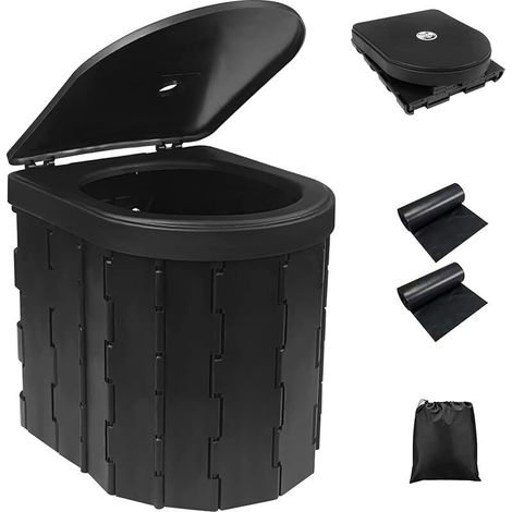 Toilette Portable Noir, WC Camping Pliables avec 2 Rouleaux Sacs deToilette Biodégradables, Seau Hygiénique pour Camping Charge Max 150 kg pour Pêche, Randonnée, Rmbouteillages (1/5)