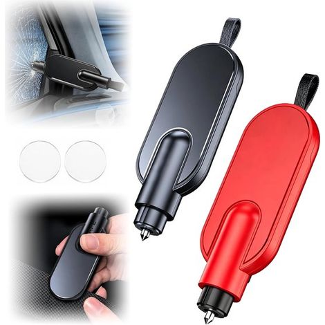 Lot de 2 marteaux de sécurité 2 en 1 pour voiture – Brise-vitre et coupe-ceinture – Avec verre de test – Outil d’urgence portable pour la sécurité routière – Rouge et noir (1/5)