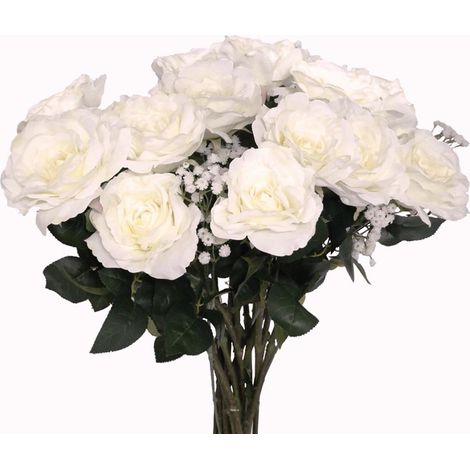 Bouquet artificiel création fleuriste calme blanc x15 roses H 75 cm (1/3)