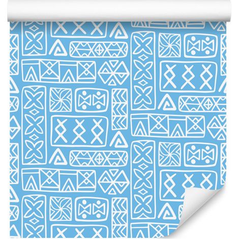 Carta da parati con motivo geometrico polinesiano azzurro 50x1000 cm (1/5)