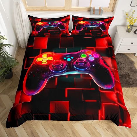 Housse de Couette 140x200 Enfant Gaming, Parure de Lit Ado Garcon Gamer, Sets de Housses de Couettes Grille Géométrique Carrée Au Néon, Couvre Lit Galaxie Manette de Jeux Vidéo - 140x200cm + 1 Taie Or (1/5)