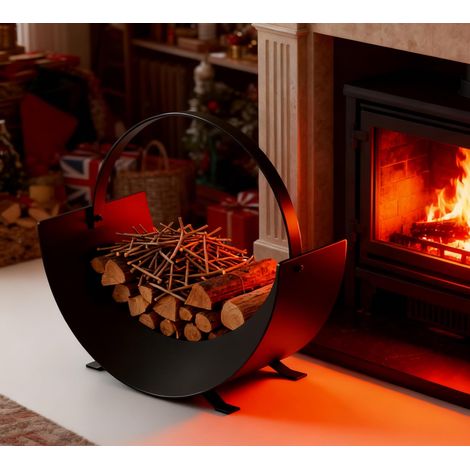 Panier à bûches pour cheminée intérieure – Support à bûches en acier cintré avec poignée en fer plat – Rangement de bois de chauffage noir – Porte-bûches décoratif 35x28x36cm (1/5)