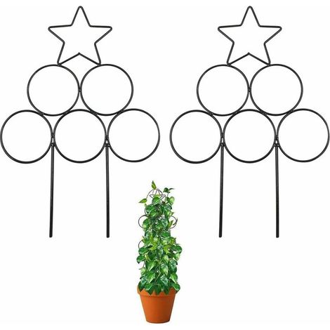 Support pour plantes grimpantes en métal, support pour plantes d'intérieur, support en fer forgé pour pots grimpants, support pour fleurs, lot de 2 (pentagramme rond, noir) (1/5)