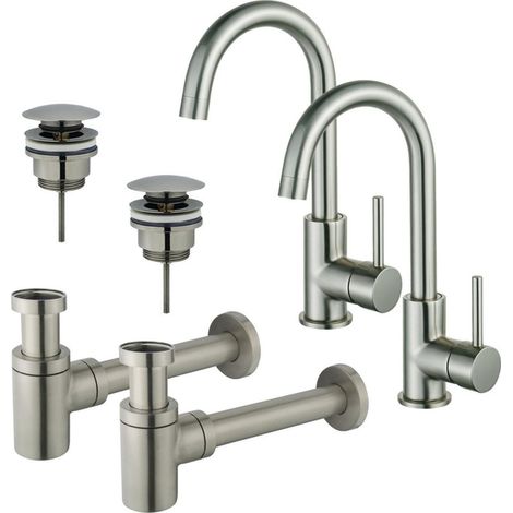 FugaFlow Eccelente Sobrado Kit robinet lavabo - pour double vasque - robinet haut - bec rotatif - bonde clic clac - siphon design bas - Inox brossé (1/4)