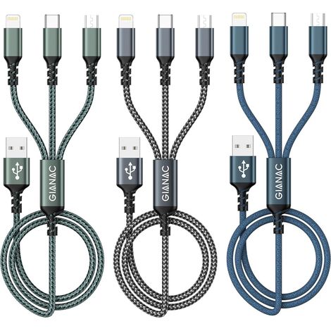 Câble Chargeur Multi Embout,3 en 1 Câble Universel [2M/Lot de 3] Câble multi chargeur de Chargement avec Lightning+ USB C+ Micro Connecteur pour iPhone 13/12/11/XS,Galaxy S21 S20,Huawei P30 P20 (1/5)