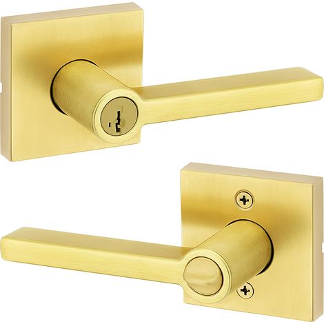 Poignée de porte d'entrée avec serrure et clé, levier extérieur réversible à clé sécurisée, pour entrée avant et chambres, laiton satiné, résistant au crochetage (1/5)