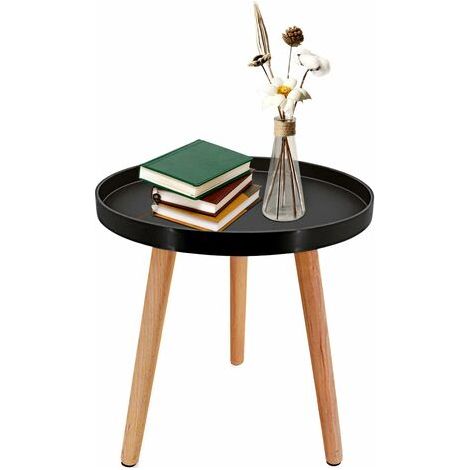 Petite Table d'Appoint, pour Salon, Chambre, Bureau, Petite Table d'Appoint pour Petits Espaces, avec Pieds en Bois Naturel, 40cm (Noir) (1/4)