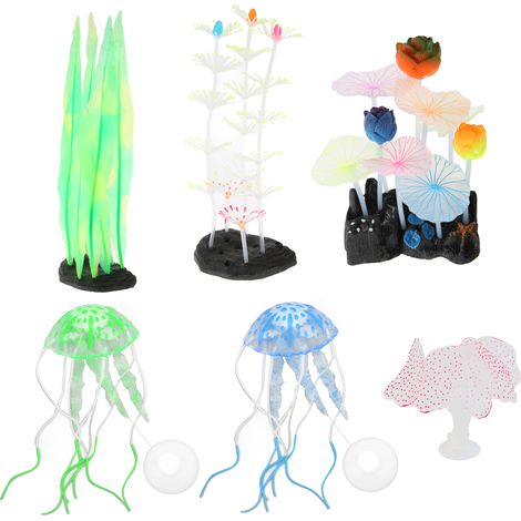 Décorations scintillantes pour aquarium, 6 pièces, Simulation de varech en Silicone, feuille de Lotus argentée, plumes, ornements de méduses de corail (1/5)