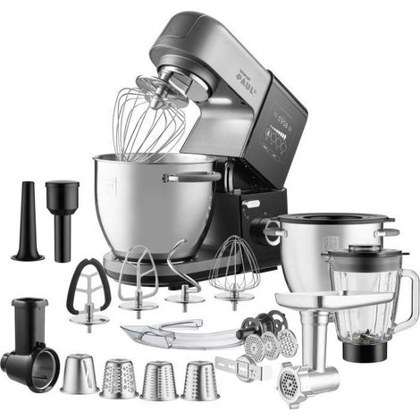 Robot pâtissier 1800W en métal noir et acier – 2 bols inox 6,7L – 8 vitesses avec fonction pulse – Blender et hachoir inclus – Sencor (1/5)