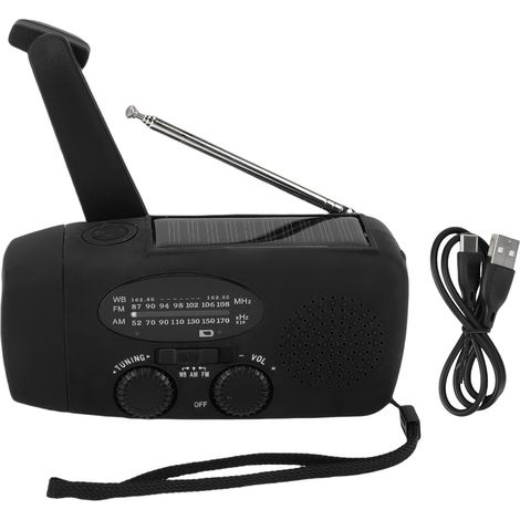 Ortviai Radio d'urgence solaire et manivelle avec chargeur portable, LED et réception AM/FM/NOAA, noir