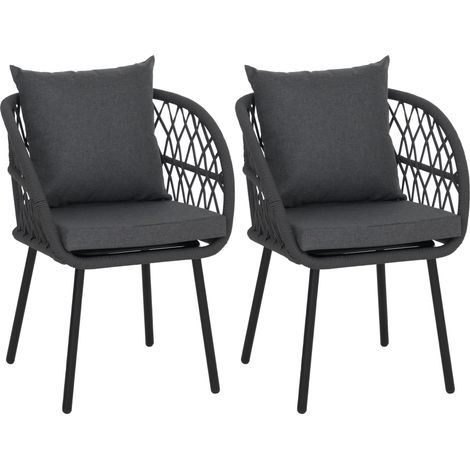 Juego de 2 sillas de jardín HHG-393, sillones de jardín con reposabrazos, estructura de aluminio con trenzado de cuerda Rope, Estructura negra, tapizado antracita