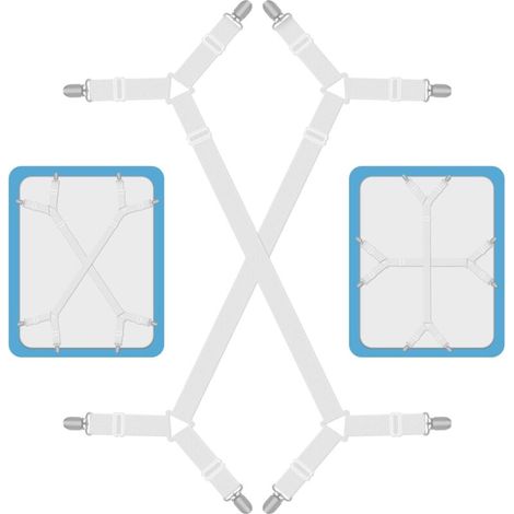 Blanc, 2 Pièces Tendeur Drap Housse Lit Drap Réglable, Attache Drap Housse, Réglable Élastiques Triangle Sangles, Elastique Drap Housse avec Clips en Métal, Compatibles avec Tous Les Matelas Carrés