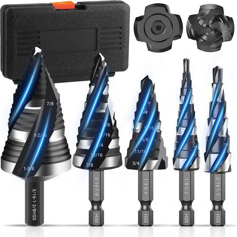 Set di 5 punte elicoidali a gradini HSS, Unibit a quattro taglienti (1/8" - 1 - 3/8") con gambo da 1/4" e 3/8", punte a gradini per forare acciaio inossidabile, rame, alluminio, legno e plastica