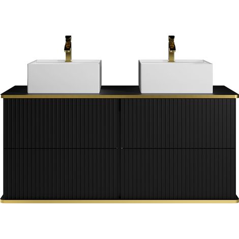 Meuble de salle de bain suspendu strié liseré doré avec double vasque à poser carrée - Noir - 120 cm - KELIZA (1/4)