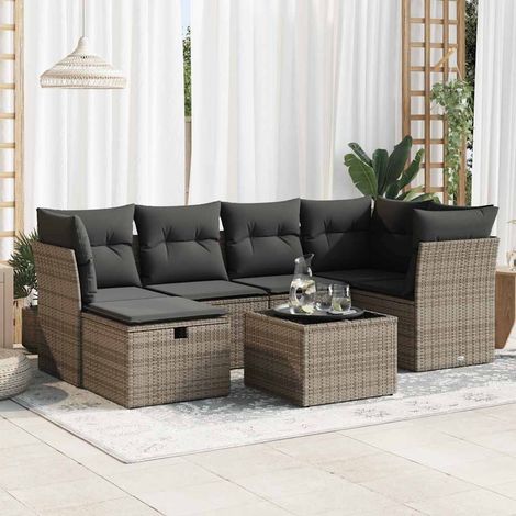 vidaXL Set de sofás de jardín 7 pzas con cojines ratán sintético gris (1/5)