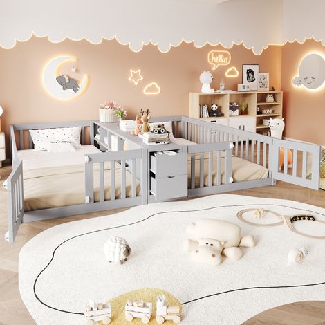 Letto bambini 90x200 cm grigio struttura in legno con 2 letti separati (1/5)