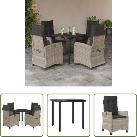 Gartentisch -  5-tlg. Garten-Essgruppe mit Kissen Hellgrau Poly Rattan (1/5)