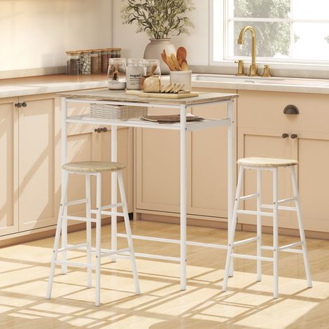 HOMCOM Stehtisch- und 2-Hocker-Set mit Ablagefach und Metallgestell, 80 x 50 x 90 cm, Weiß und Natur