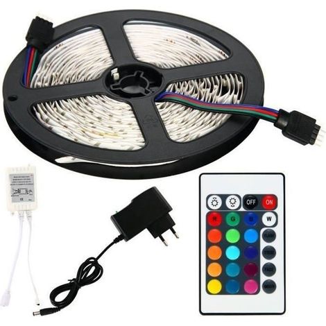 Ruban lumineux LED 3528 RVB 300 - AISTUO - 5m - Avec alimentation 12V 2A + télécommande IR 24touches-Ywey (1/4)