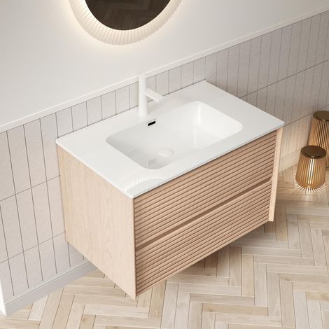 Mobile bagno sospeso 81x46.5x51.5 cm - mobile sottolavabo sospeso con lavabo rettangolare bianco - multistrato scanalato - naturale