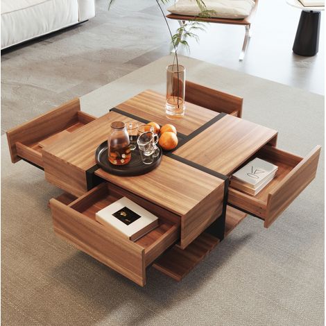 Tavolino da caffè 78x78x36 cm nero e legno naturale in truciolare con 4 cassetti e ripiano inferiore (1/5)